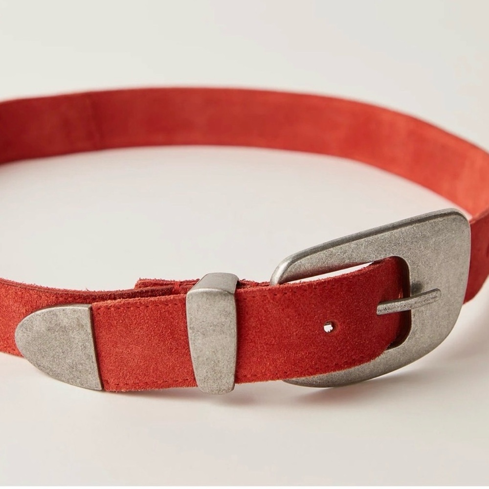 Free People Dover Suede Belt Coral Red Orange Belt with Silver Western Buckle